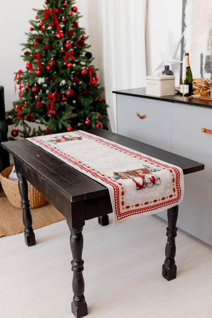 Christmas gnome table runner with snowy cottage design, festive dining room setting