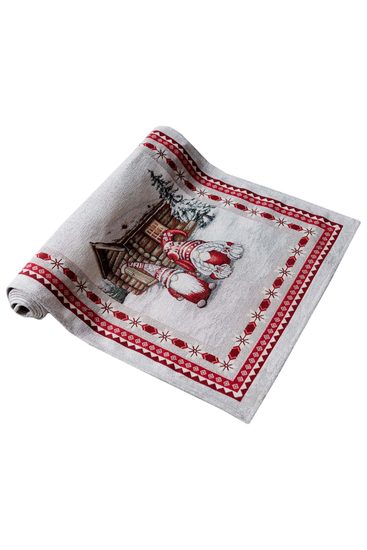 Christmas gnomes tapestry table runner, rolled view – red and white border, winter holiday design