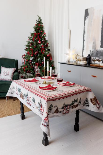 Christmas table decor with premium tapestry fabric gnomes theme