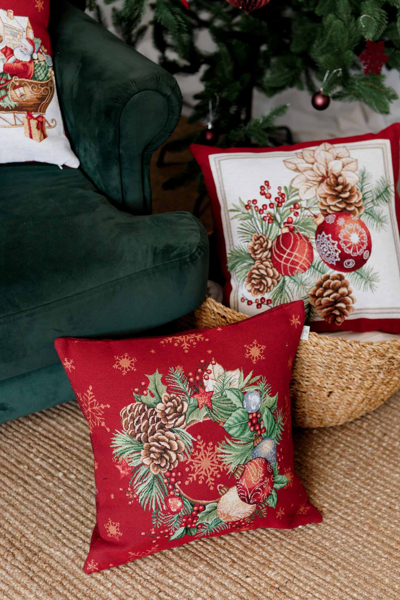 Christmas tapestry pillowcase with poinsettia, pinecones, and holiday ornaments — red festive cushion cover