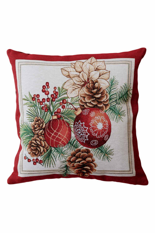 Christmas tapestry pillowcase with poinsettias, pinecones, and holiday ornaments — red festive cushion cover
