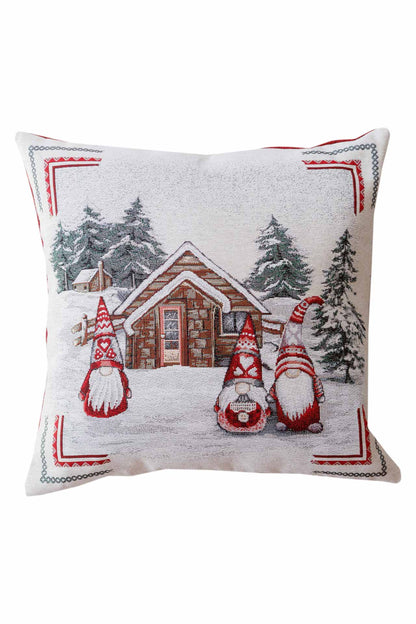 Christmas tapestry pillowcase with three gnomes and snowy cottage design on white background.