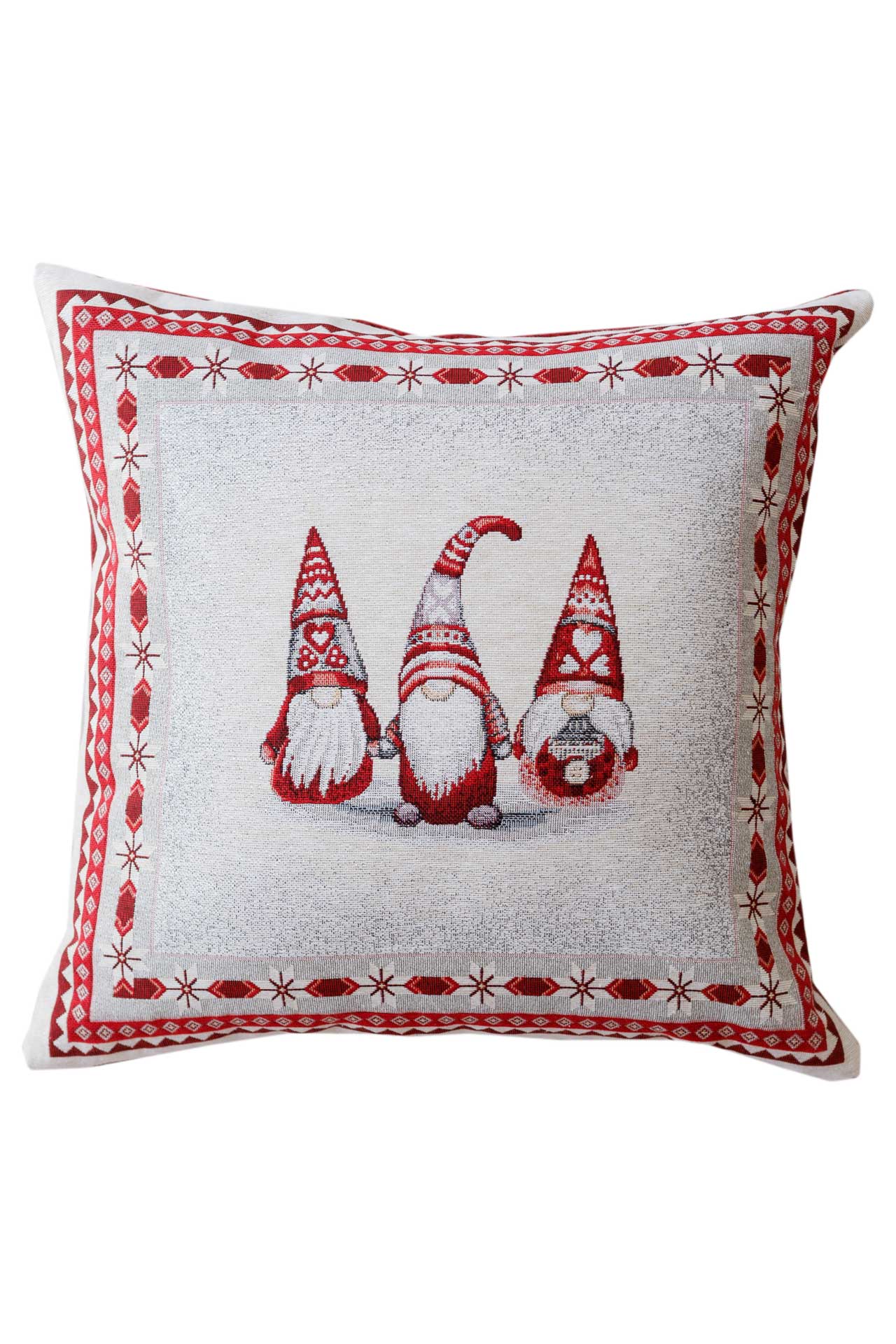 Christmas tapestry pillowcase with three red and white gnomes — festive woven cushion cover 18x18 inches