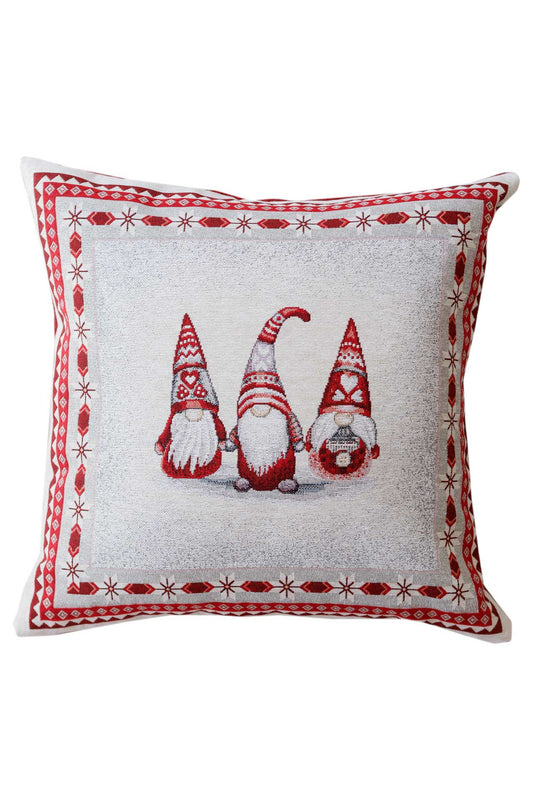 Christmas tapestry pillowcase with three red and white gnomes — festive woven cushion cover 18x18 inches