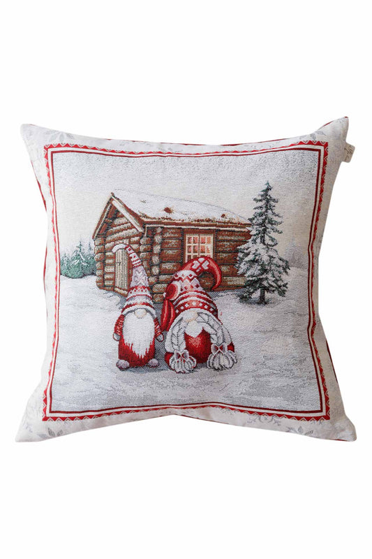 Christmas tapestry pillowcase with two gnomes and snowy cottage, woven winter décor