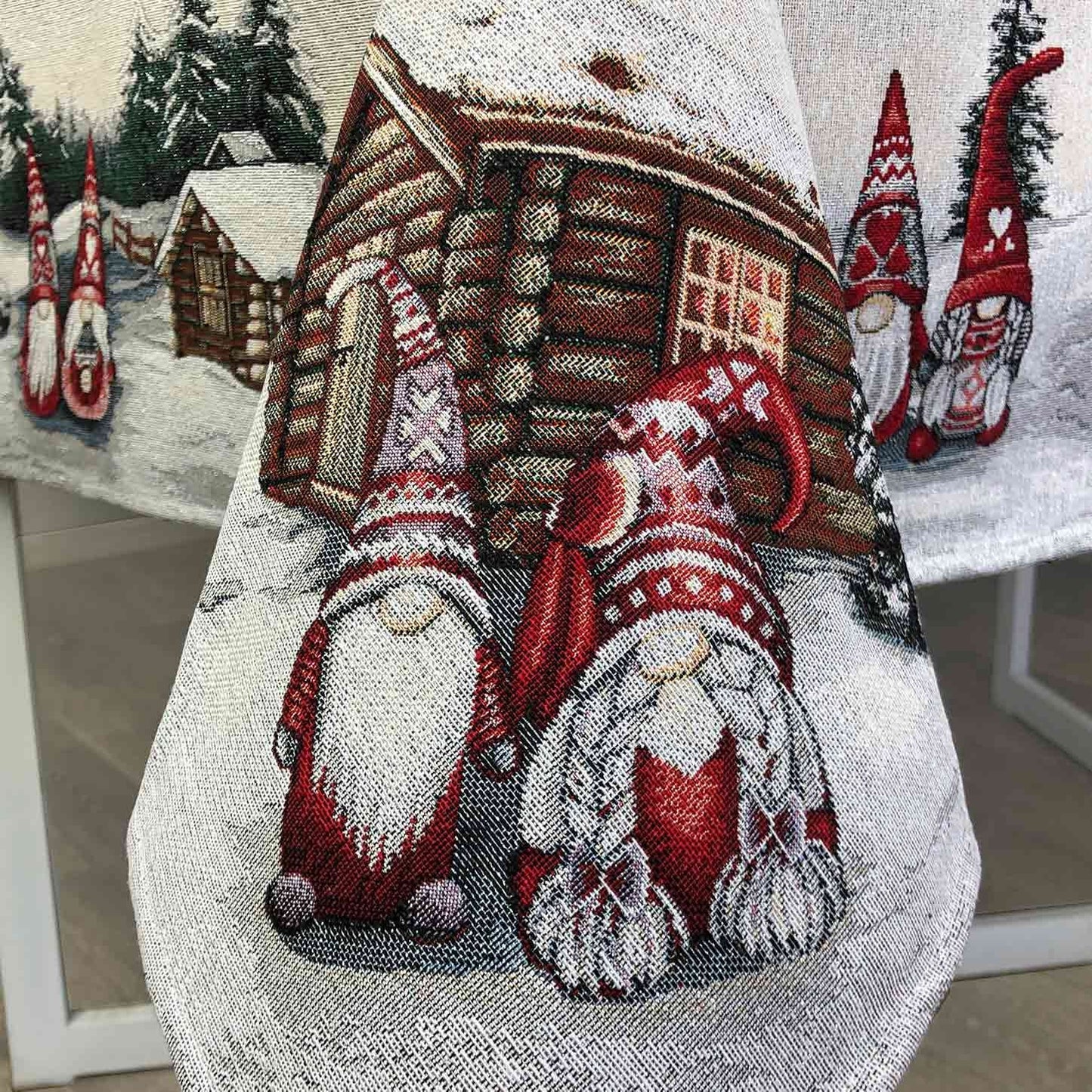 Christmas tapestry tablecloth detail with festive gnomes print