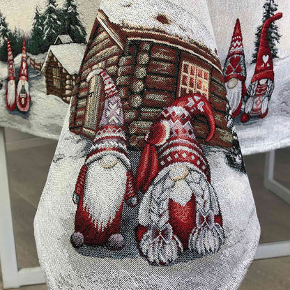 Christmas tapestry tablecloth detail with festive gnomes print