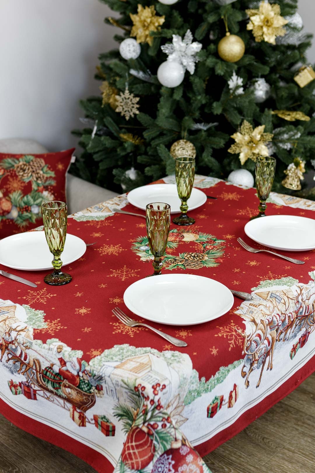 Close-up of Santa Claus tapestry Christmas tablecloth in red holiday design
