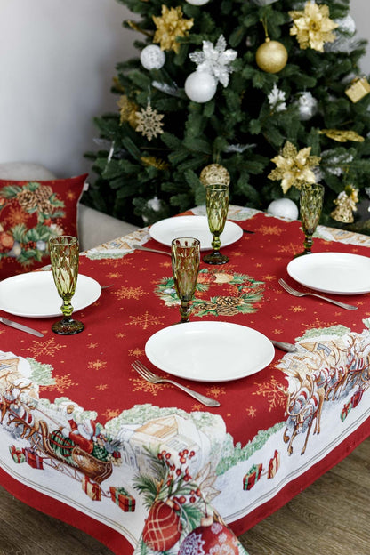 Close-up of Santa Claus tapestry Christmas tablecloth in red holiday design