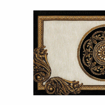 Close-up of baroque medallion tapestry placemat showing gold ornamental details and woven texture