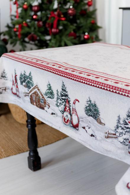 Close-up of tapestry fabric texture and snowy Christmas print