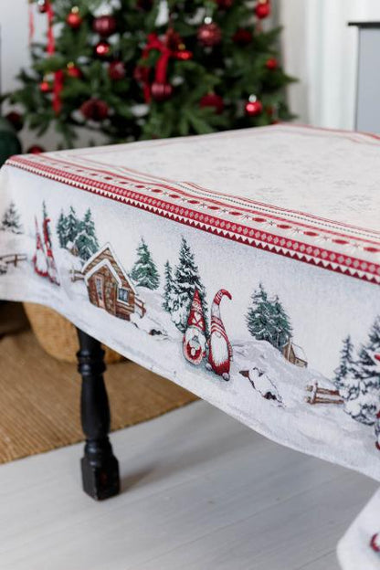 Close-up of tapestry fabric texture and snowy Christmas print