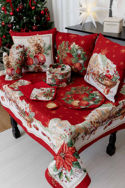 Close-up of woven tapestry Santa sleigh print