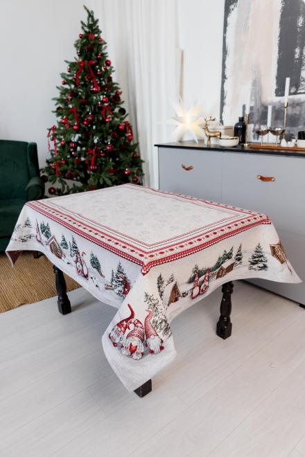 Cozy winter dining table with gnomes tapestry cloth and Christmas tree