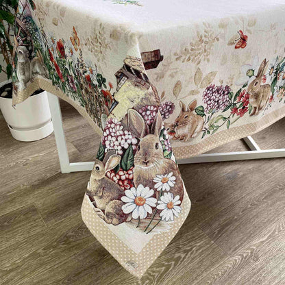 Beige Tapestry Tablecloth With Rabbits And Flowers Pattern | Kitchen And Living Room Textile Set, Festive Home Decor, Present Idea.