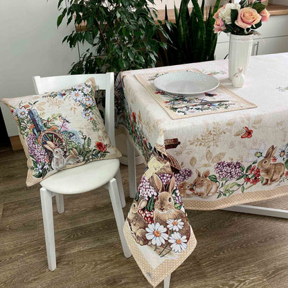 Beige Tapestry Tablecloth With Rabbits And Flowers Pattern | Kitchen And Living Room Textile Set, Festive Home Decor, Present Idea.