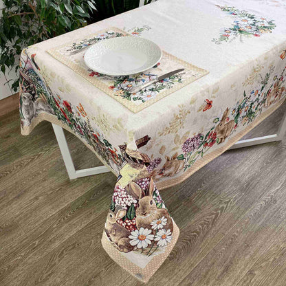 Beige Tapestry Tablecloth With Rabbits And Flowers Pattern | Kitchen And Living Room Textile Set, Festive Home Decor, Present Idea.