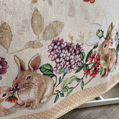 Beige Tapestry Tablecloth With Rabbits And Flowers Pattern | Kitchen And Living Room Textile Set, Festive Home Decor, Present Idea.