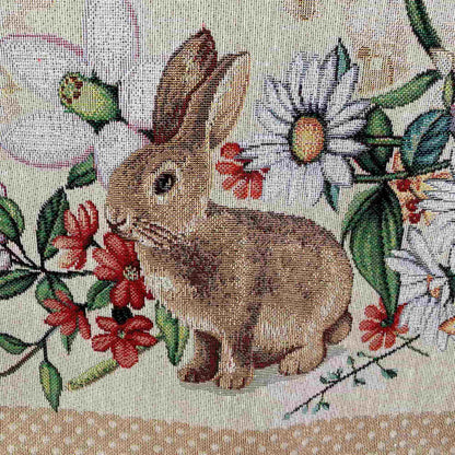 Beige Tapestry Tablecloth With Rabbits And Flowers Pattern | Kitchen And Living Room Textile Set, Festive Home Decor, Present Idea.