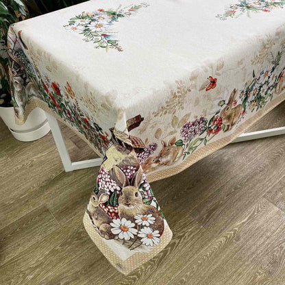 Beige Tapestry Tablecloth With Rabbits And Flowers Pattern | Kitchen And Living Room Textile Set, Festive Home Decor, Present Idea.