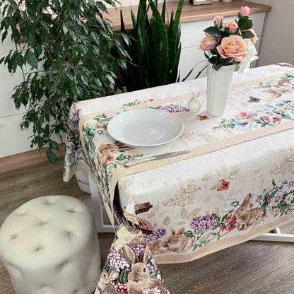 Beige Tapestry Tablecloth With Rabbits And Flowers Pattern | Kitchen And Living Room Textile Set, Festive Home Decor, Present Idea.