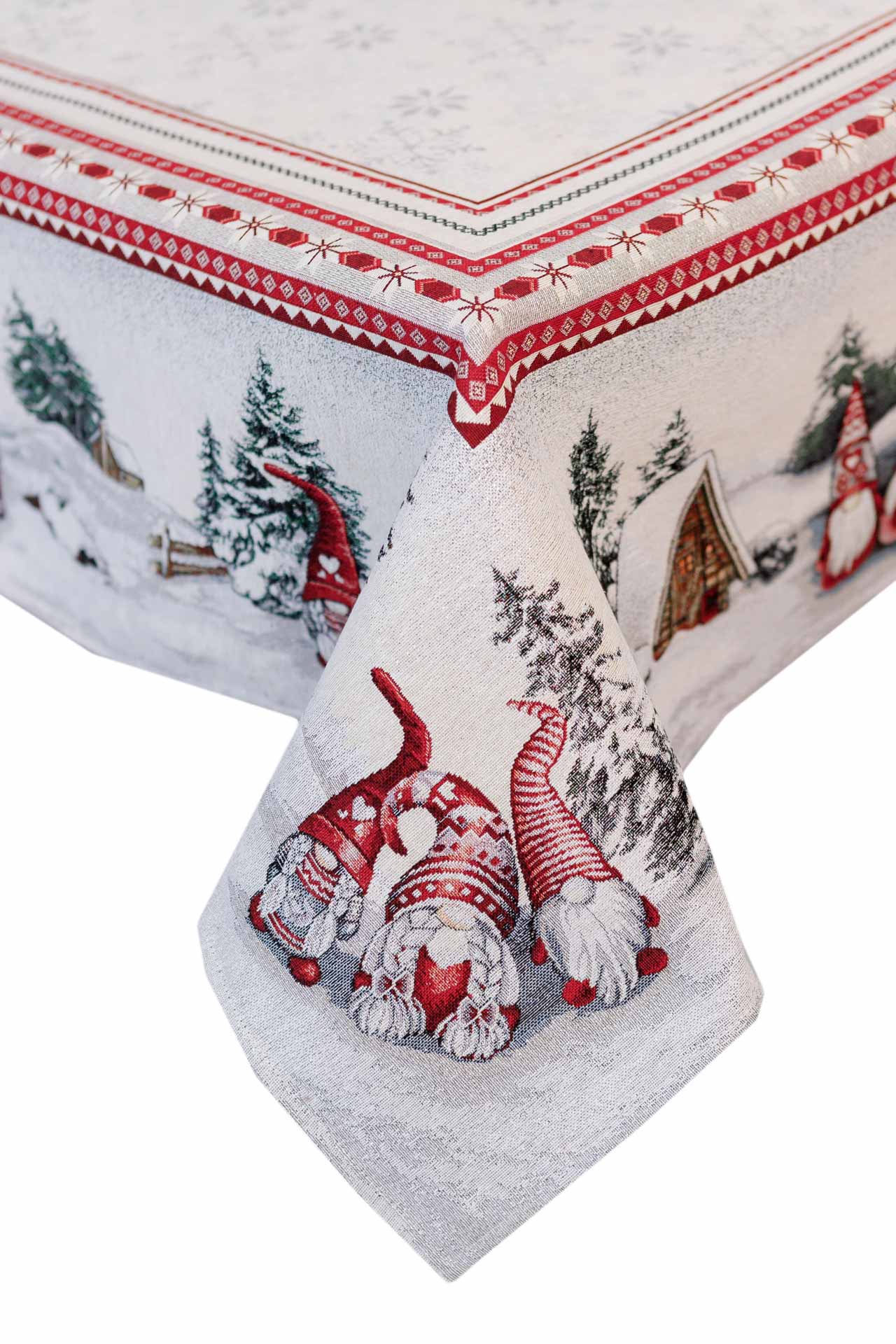 White Christmas Tapestry Tablecloth with Gnomes & Snowy Cottage | Festive Winter Table Decor