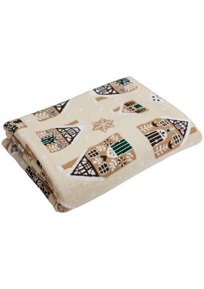 Beige Christmas Knitted Blanket With Gingerbread Pattern | New Year Home Decor, Throw And Pillow Set