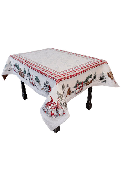 White Christmas Tapestry Tablecloth with Gnomes & Snowy Cottage | Festive Winter Table Decor