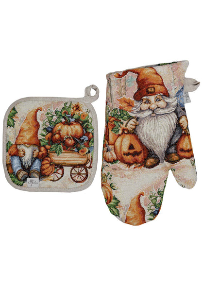 Autumn Gnomes Tapestry Kitchen Apron, Cup Coasters, Oven Mitten, Pot Holder Set | Thanksgiving Decor, Halloween Pumpkins Textile | Fall Harvest Table Decor
