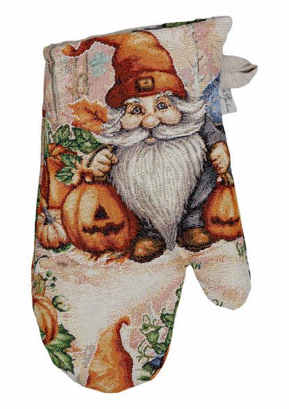 Autumn Gnomes Tapestry Kitchen Apron, Cup Coasters, Oven Mitten, Pot Holder Set | Thanksgiving Decor, Halloween Pumpkins Textile | Fall Harvest Table Decor