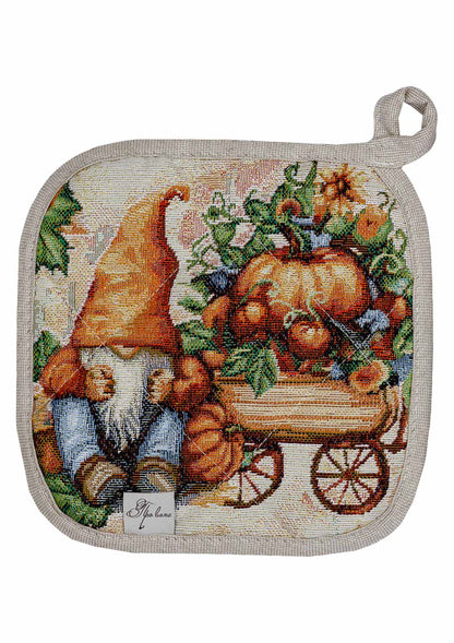 Autumn Gnomes Tapestry Kitchen Apron, Cup Coasters, Oven Mitten, Pot Holder Set | Thanksgiving Decor, Halloween Pumpkins Textile | Fall Harvest Table Decor