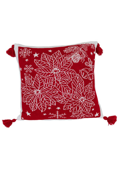 Red Knitted Christmas Pillowcase With Poinsettia Flower, Bells And Snowflakes Pattern | Festive Warm Winter Textile Set, Housewarming Gift