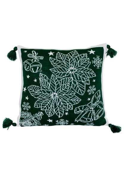 Green Knitted Christmas Pillowcase With Poinsettia Flower, Bells And Snowflakes Pattern | Festive Warm Winter Textile Set, Housewarming Gift