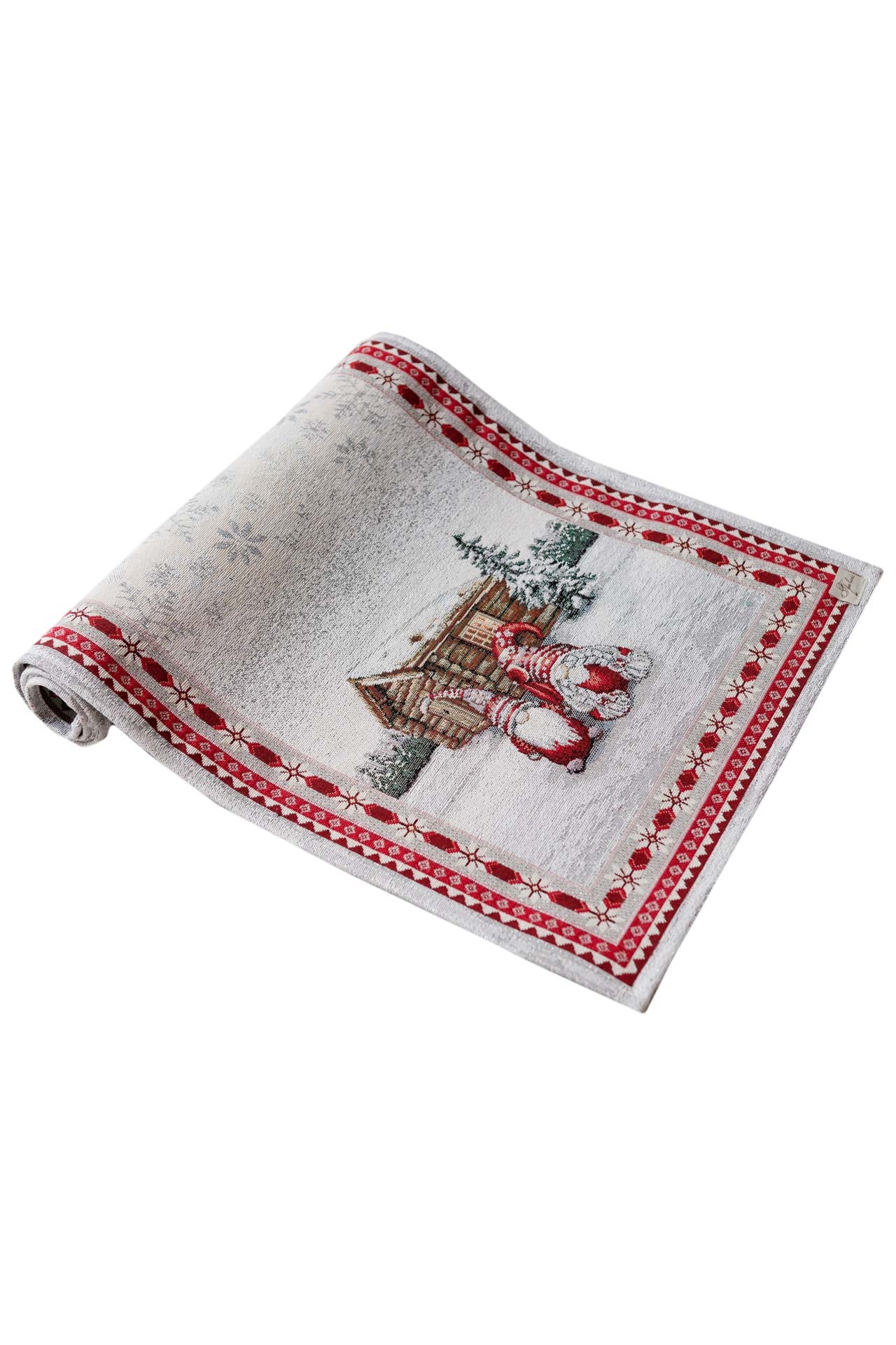 Christmas Gnomes Tapestry Table Runner | Holiday Table Decor, Winter Design, Red & Silver Festive Table Linen