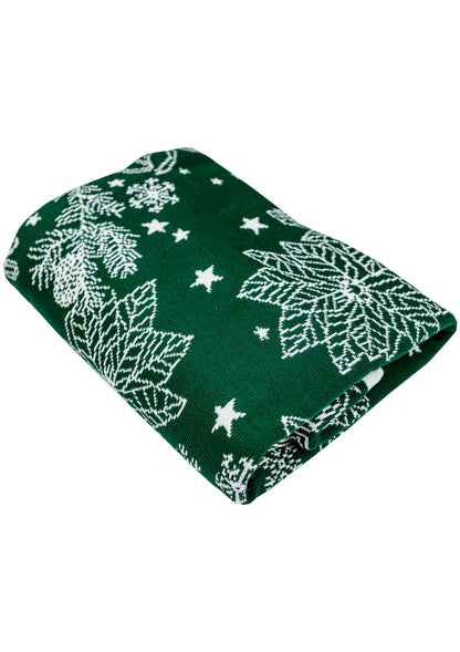 Green Knitted Christmas Pillowcase With Poinsettia Flower, Bells And Snowflakes Pattern | Festive Warm Winter Textile Set, Housewarming Gift