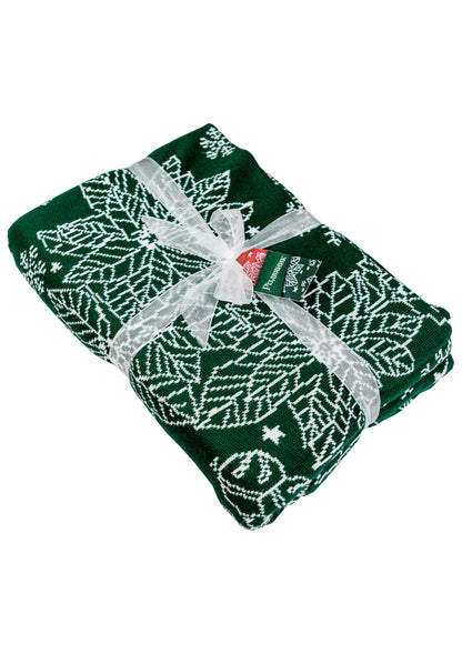 Green Knitted Christmas Pillowcase With Poinsettia Flower, Bells And Snowflakes Pattern | Festive Warm Winter Textile Set, Housewarming Gift