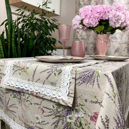 Cotton Tablecloth With Lavender Print And Lace Edging | Floral, Festive Kitchen Textile Set, Home Decor, Housewarming Present Idea