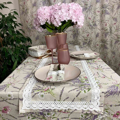 Cotton Tablecloth With Lavender Print And Lace Edging | Floral, Festive Kitchen Textile Set, Home Decor, Housewarming Present Idea