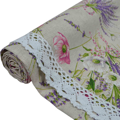 Cotton Tablecloth With Lavender Print And Lace Edging | Floral, Festive Kitchen Textile Set, Home Decor, Housewarming Present Idea