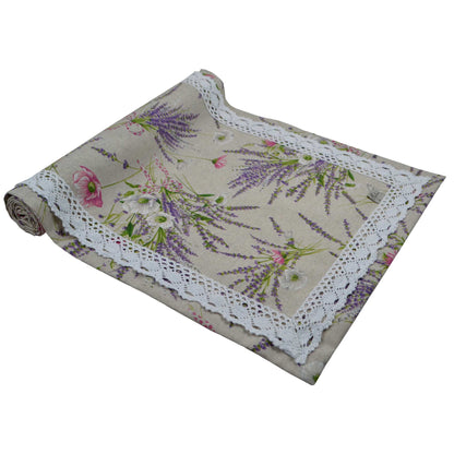 Cotton Tablecloth With Lavender Print And Lace Edging | Floral, Festive Kitchen Textile Set, Home Decor, Housewarming Present Idea
