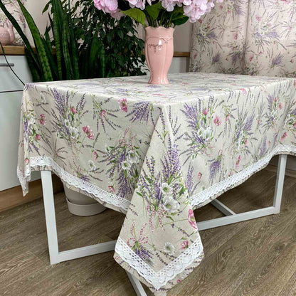 Cotton Tablecloth With Lavender Print And Lace Edging | Floral, Festive Kitchen Textile Set, Home Decor, Housewarming Present Idea