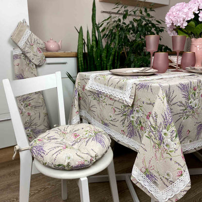 Cotton Tablecloth With Lavender Print And Lace Edging | Floral, Festive Kitchen Textile Set, Home Decor, Housewarming Present Idea