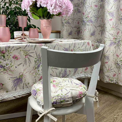 Cotton Tablecloth With Lavender Print And Lace Edging | Floral, Festive Kitchen Textile Set, Home Decor, Housewarming Present Idea