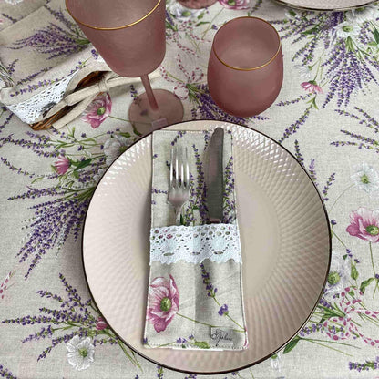 Cotton Tablecloth With Lavender Print And Lace Edging | Floral, Festive Kitchen Textile Set, Home Decor, Housewarming Present Idea