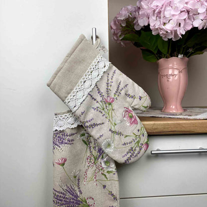 Cotton Tablecloth With Lavender Print And Lace Edging | Floral, Festive Kitchen Textile Set, Home Decor, Housewarming Present Idea