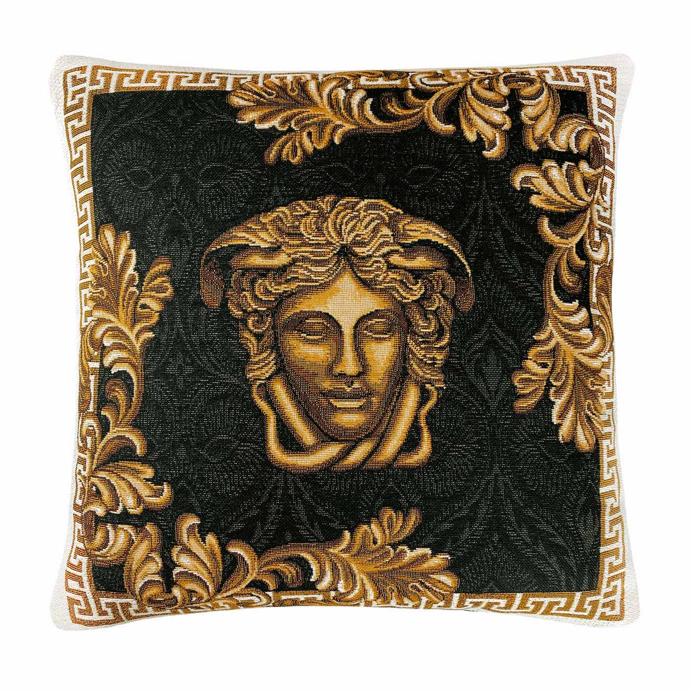 Decorative baroque tapestry pillow featuring Medusa head in black and gold