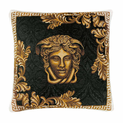 Decorative baroque tapestry pillow featuring Medusa head in black and gold