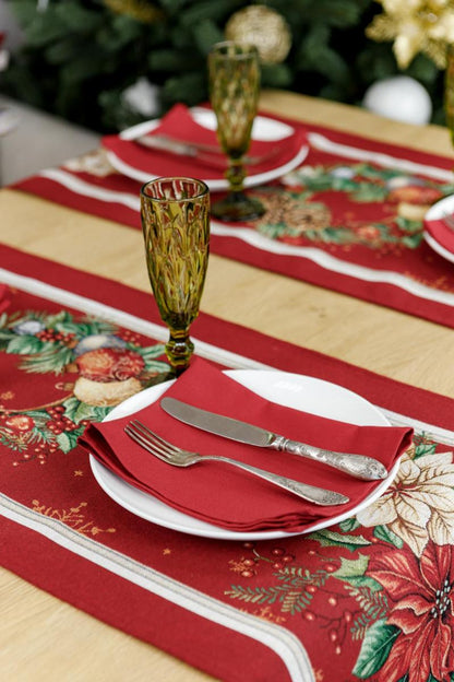 Detailed woven Christmas table runner with shimmering lurex gold thread
