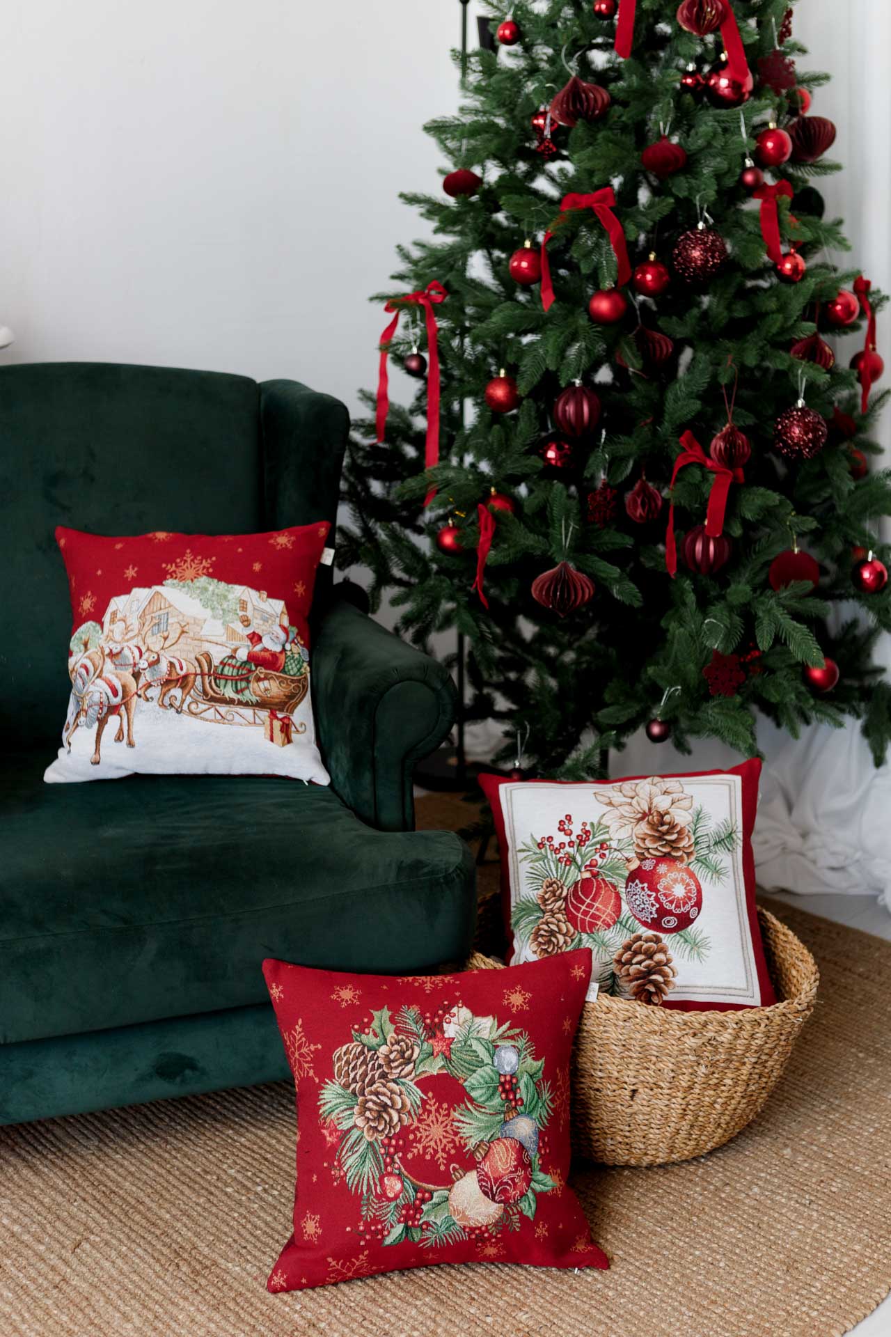 Festive pillowcase on sofa near Christmas tree decor