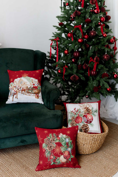 Festive pillowcase on sofa near Christmas tree decor